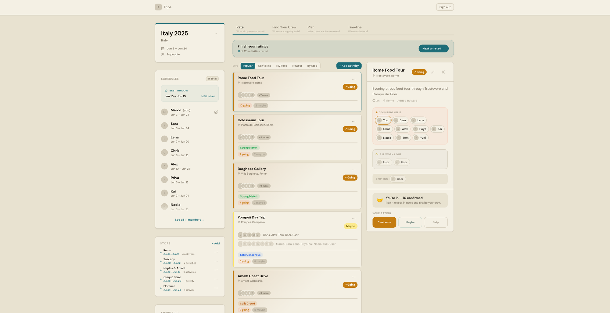 Pulse rating view on desktop — activity list beside an open detail panel