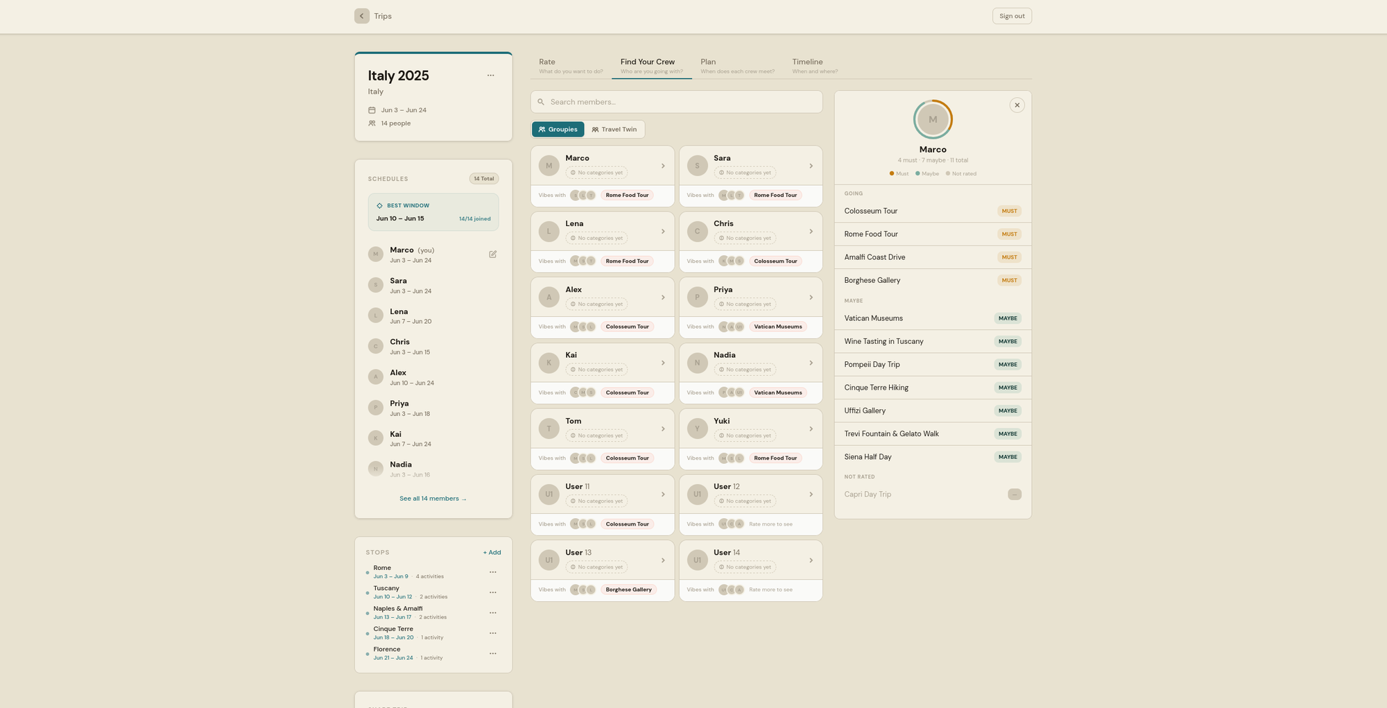 Pulse crew view on desktop — member grid with an open member profile