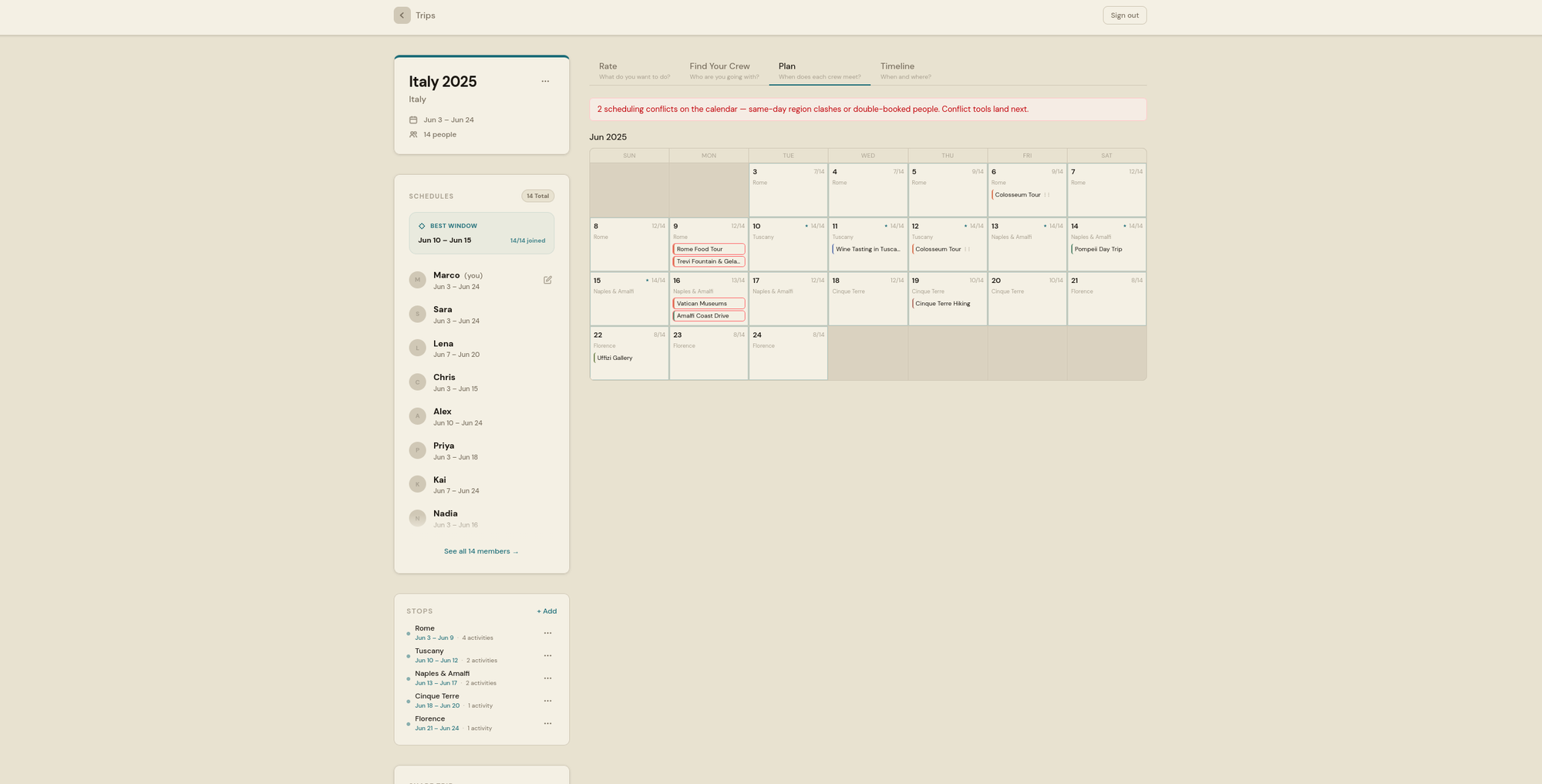 Pulse convergence calendar on desktop — month grid with conflicts outlined