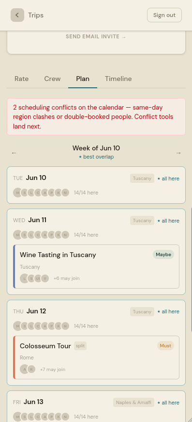 Pulse plan view on mobile — week list centred on the best-overlap window