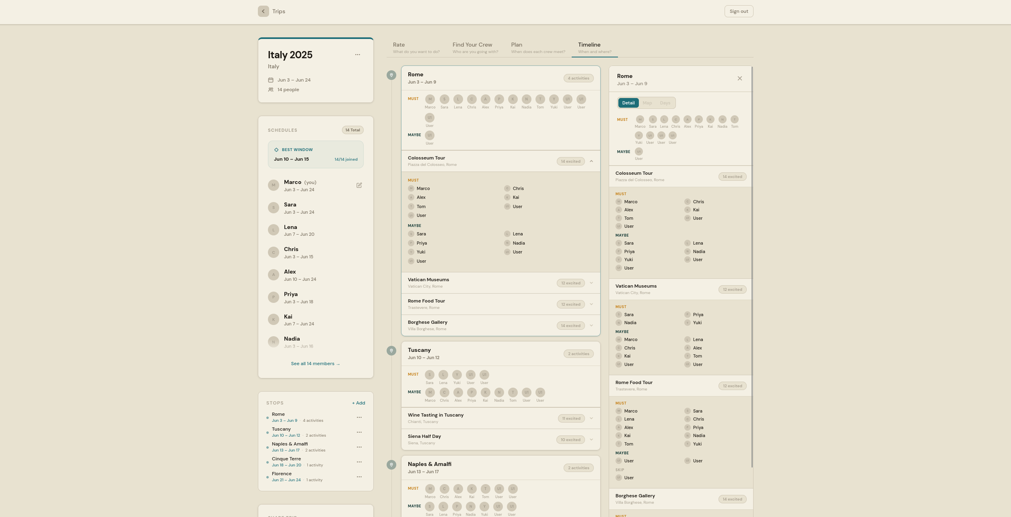 Pulse timeline on desktop — stops in order with per-activity rosters